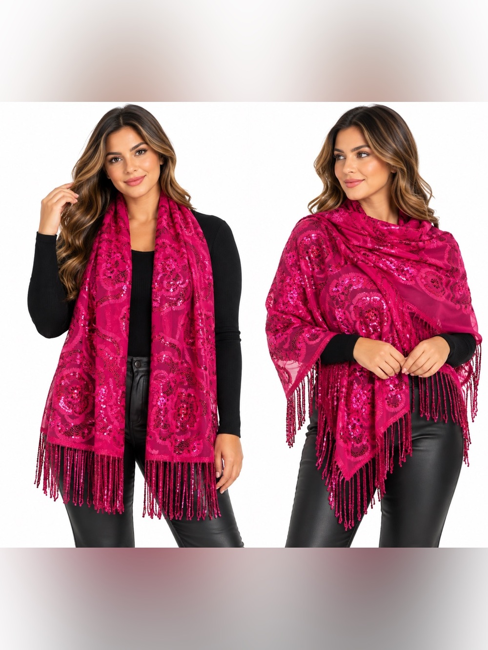 Floral Lace sequin Scarf in fuchsia pink NWT